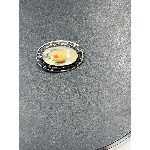 Vintage Sterling Silver Abalone Shell Brooch Pin Antique Greek Key Border - Picture 4 of 10